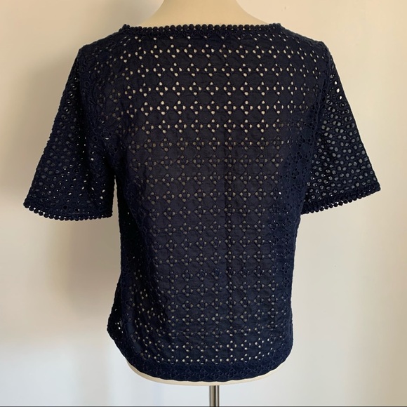LOFT Geo Mix Eyelet Short Sleeve Navy Top - Picture 14 of 15